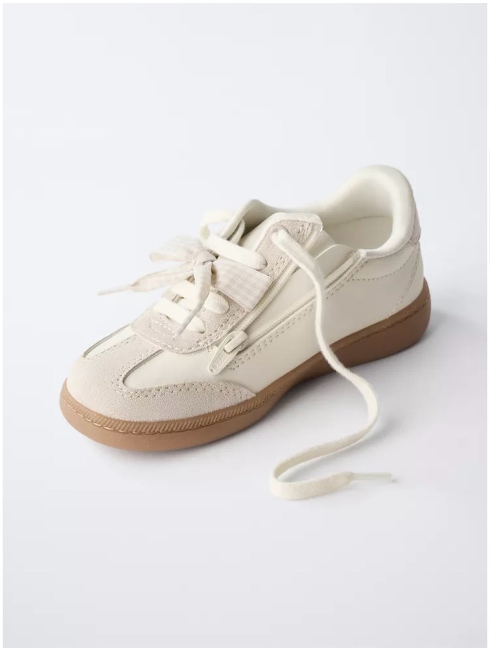Zara Kids Girls Cream and Gum Sole Lace-Up Sneakers with Gingham Bow - Picture 2 of 11